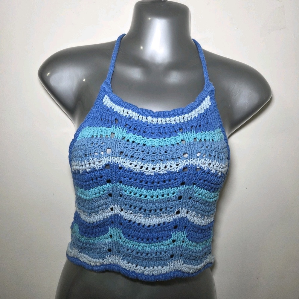 Cotton On Blue Crochet Halter Crop Top Womens L Boho Beach Festival Y2K
